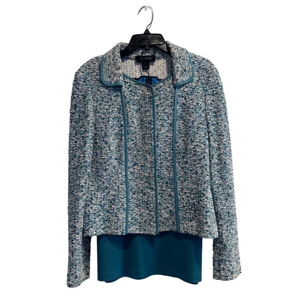St. John Women's Teal Blue Multi Tweed Knit Jacket & Skirt Suit Set Size 12